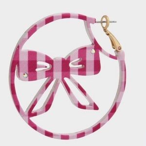 Betsy Johnson Pink & White Gingham Bow Delicate Rhinestones Hoop Earring NWT